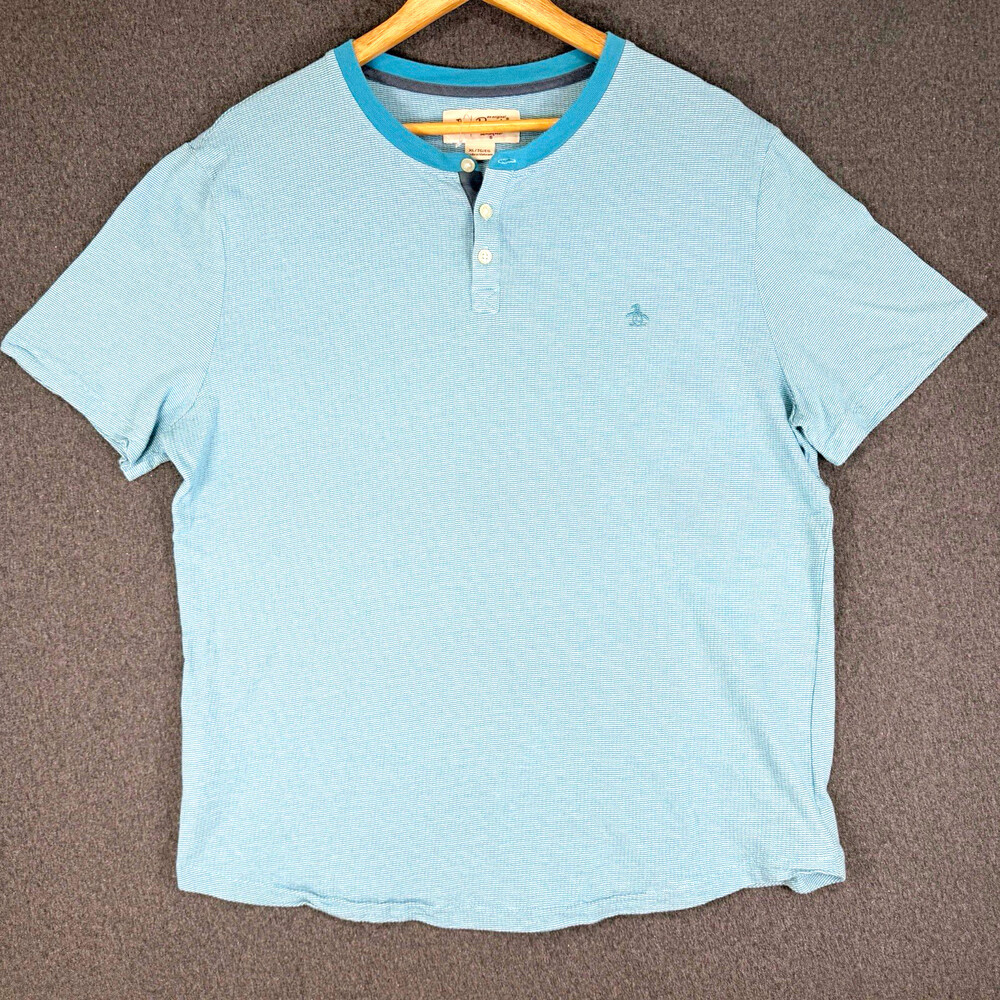 Original Penguin Mens XL Blue White Striped Henley Shirt Short Sleeve Logo READ